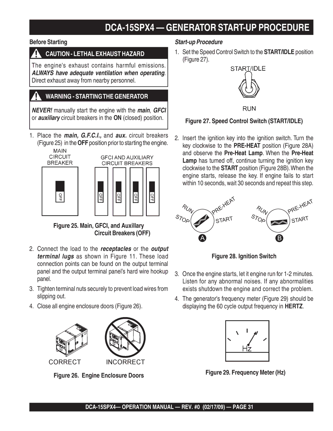 Multiquip operation manual DCA-15SPX4 Generator START-UP Procedure, Before Starting 