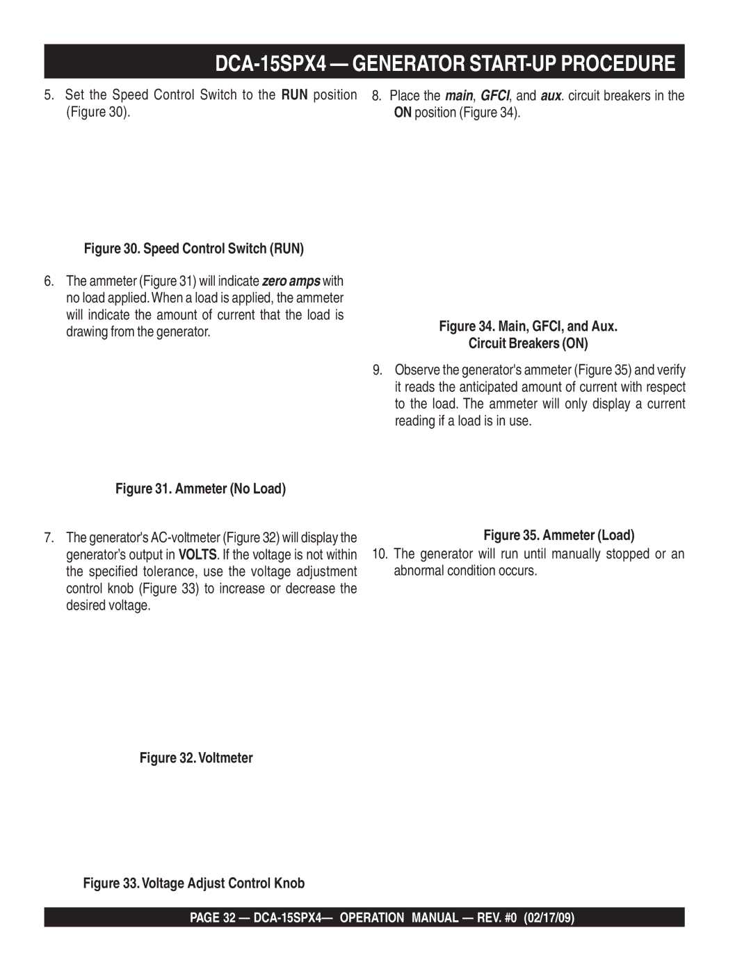 Multiquip operation manual DCA-15SPX4 Generator START-UP Procedure, Speed Control Switch RUN 