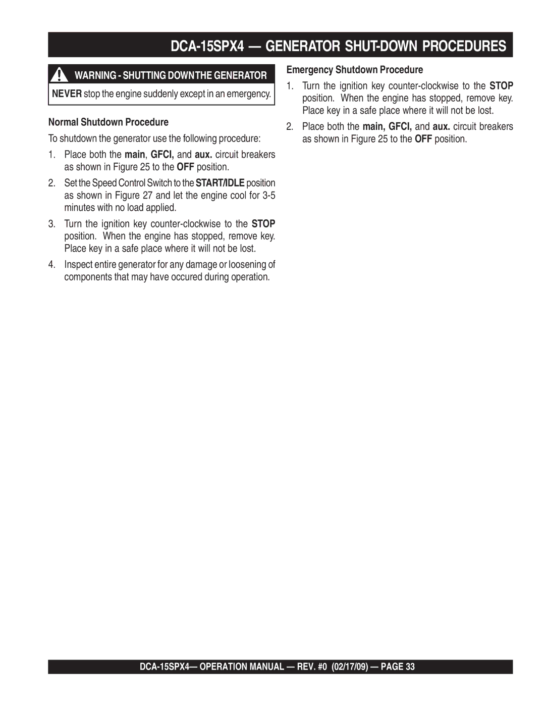 Multiquip DCA-15SPX4 operation manual Normal Shutdown Procedure, Emergency Shutdown Procedure 