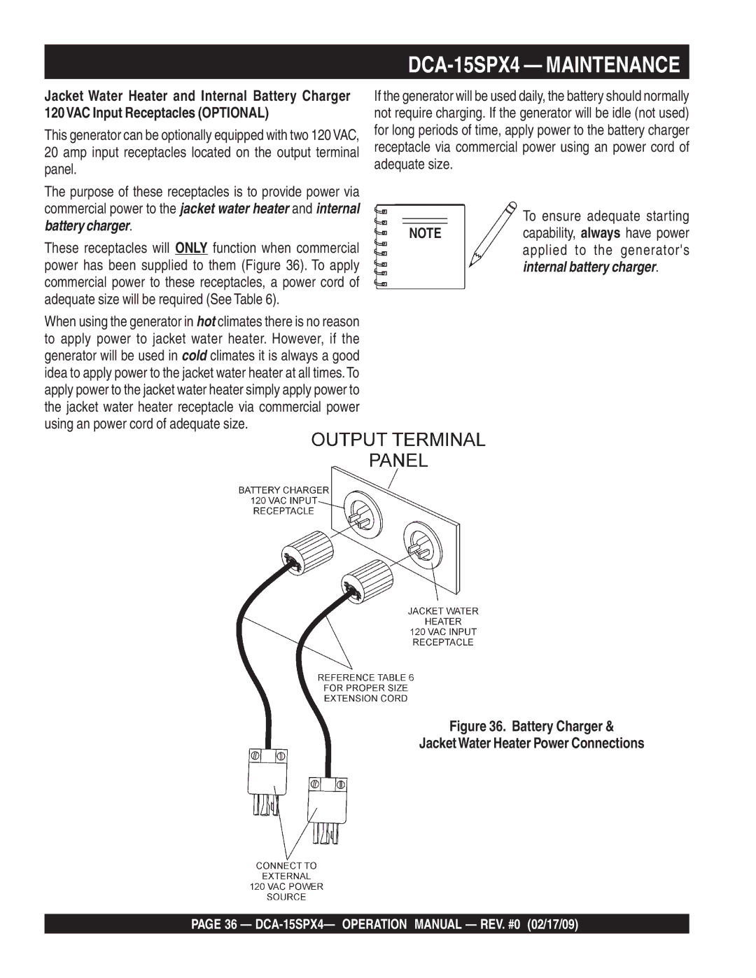 Multiquip DCA-15SPX4 operation manual Battery Charger JacketWater Heater Power Connections 