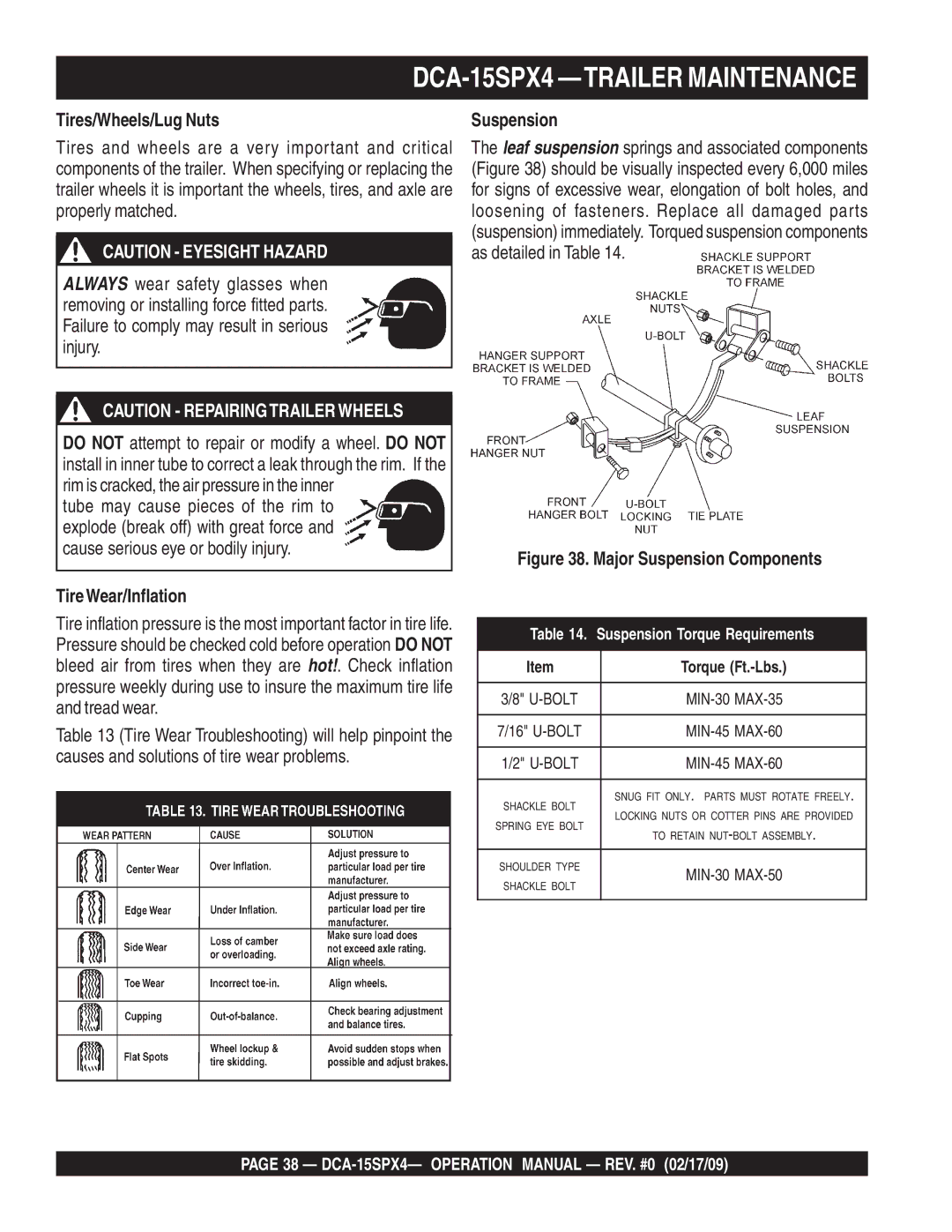 Multiquip DCA-15SPX4 operation manual Tires/Wheels/Lug Nuts, TireWear/Inflation, Suspension 