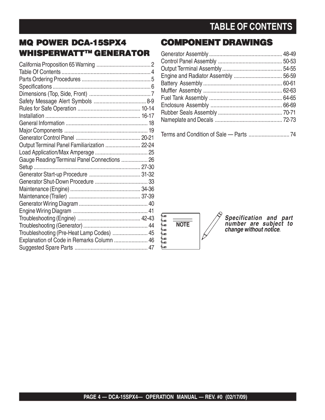 Multiquip DCA-15SPX4 operation manual Table of Contents 