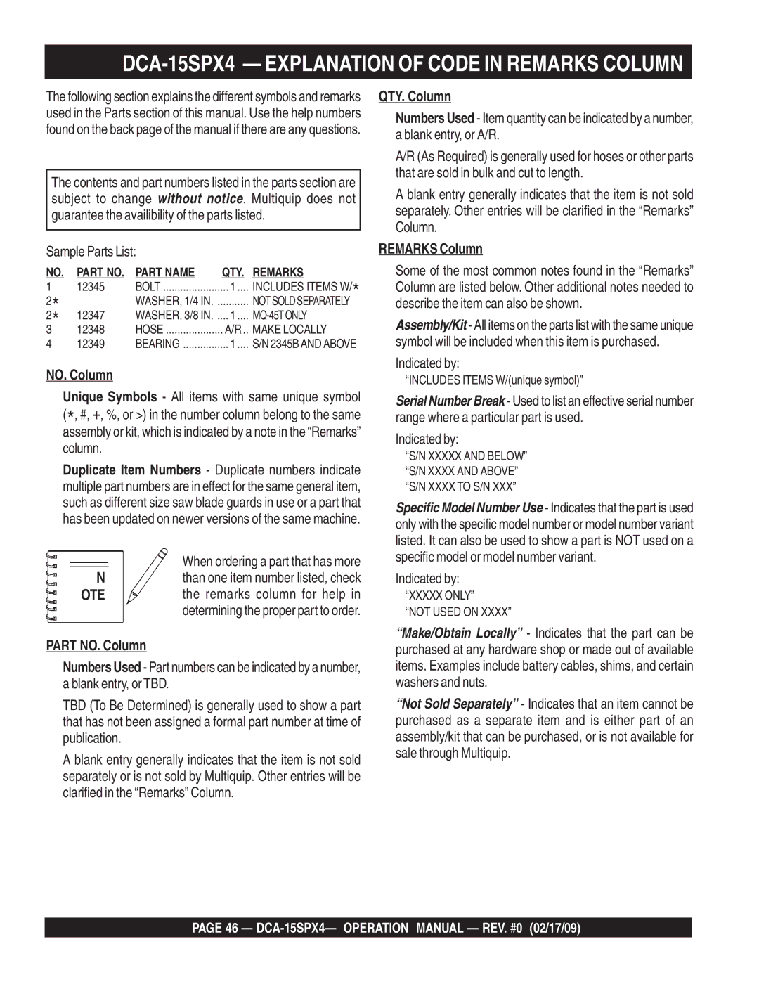 Multiquip operation manual DCA-15SPX4 Explanation of Code in Remarks Column, Sample Parts List 