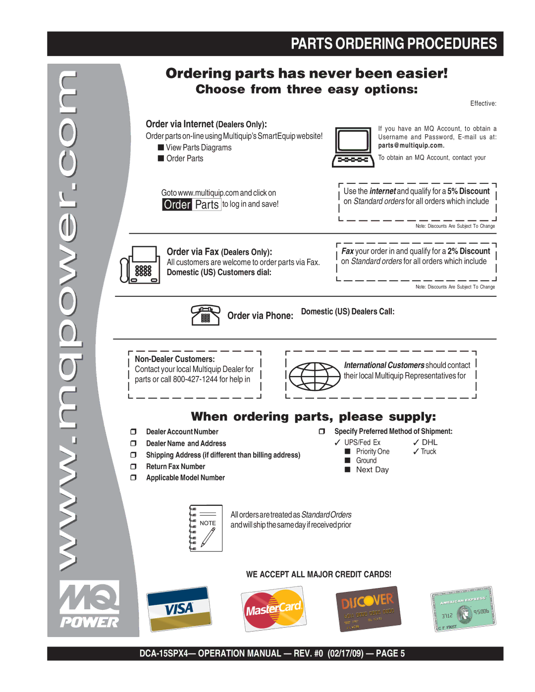 Multiquip DCA-15SPX4 operation manual Parts Ordering Procedures, Ordering parts has never been easier 