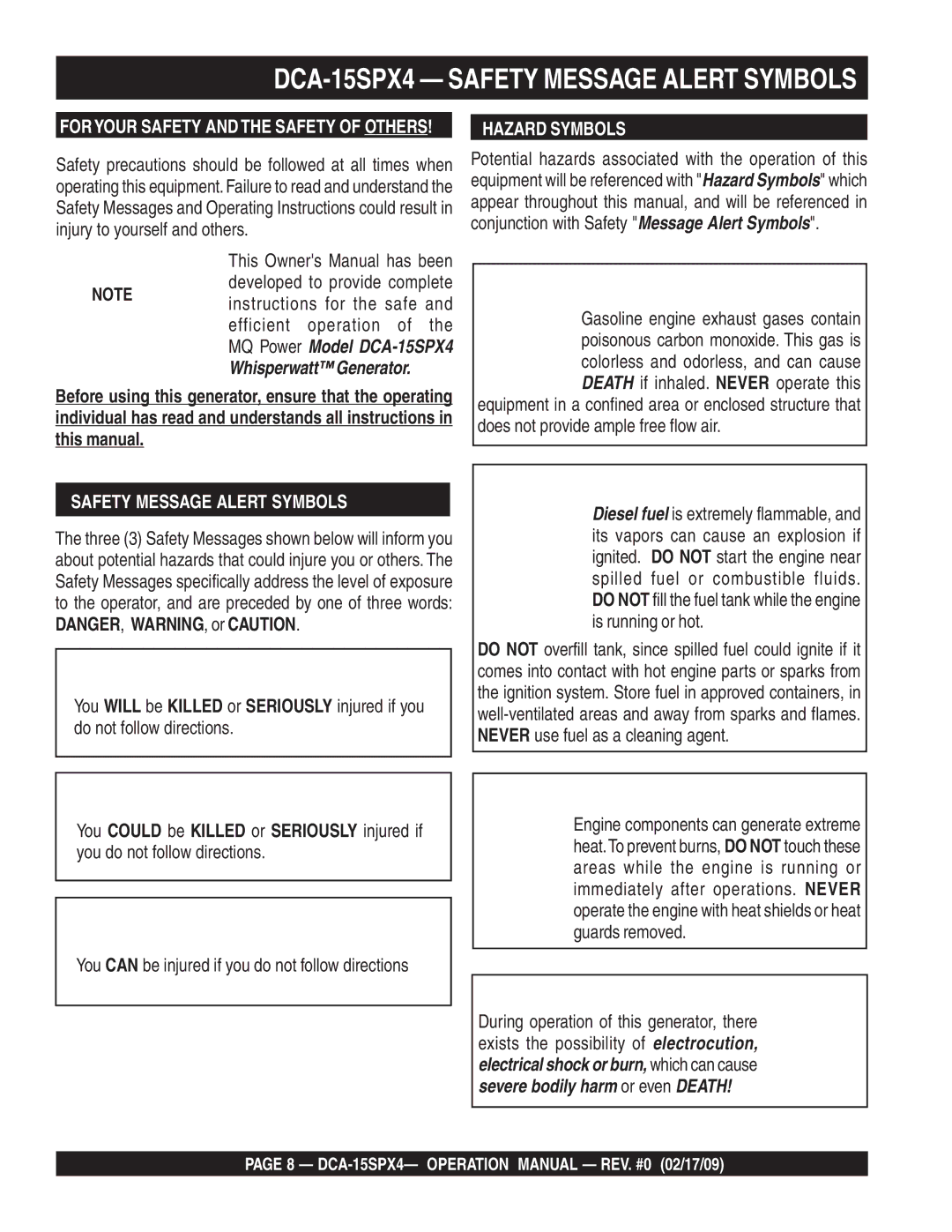 Multiquip operation manual DCA-15SPX4 Safety Message Alert Symbols, Hazard Symbols 