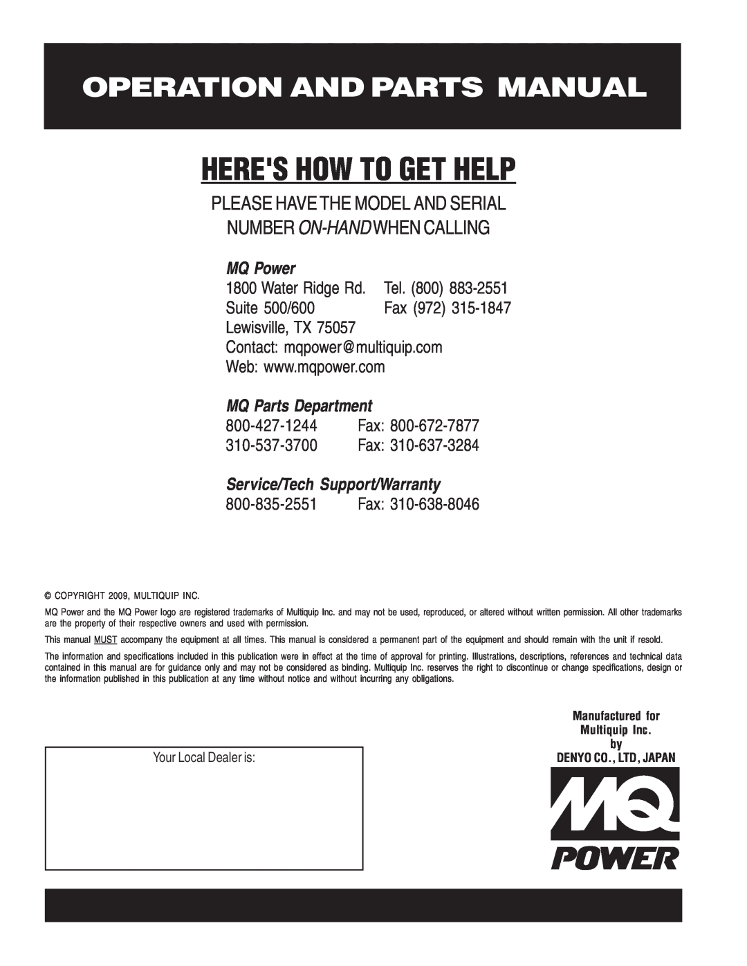 Multiquip DCA-15SPX4 Heres How To Get Help, Operation And Parts Manual, MQ Power, Water Ridge Rd. Tel, Suite 500/600 