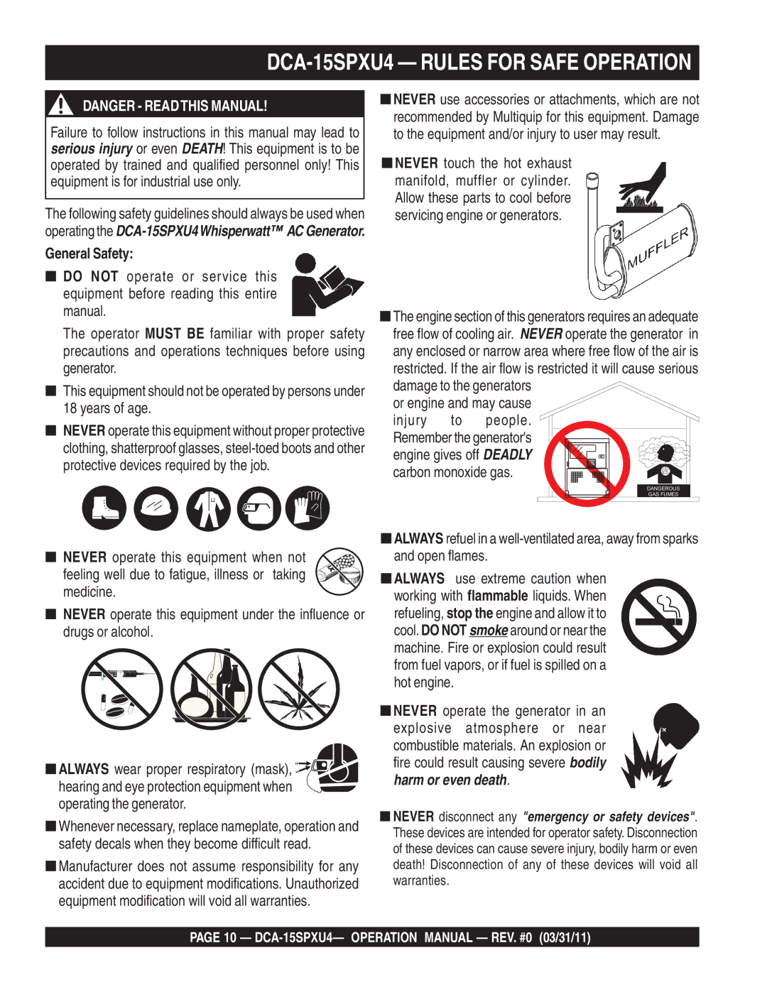 Multiquip operation manual DCA-15SPXU4 Rules for Safe Operation, General Safety, Injury People, Carbon monoxide gas 