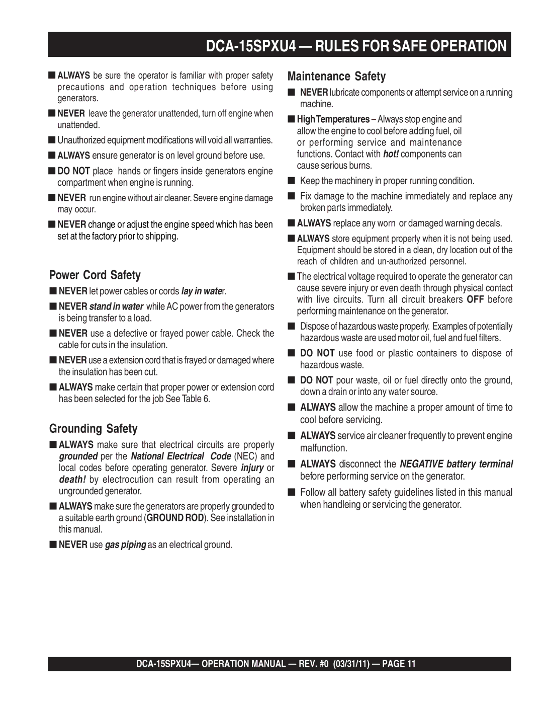 Multiquip operation manual DCA-15SPXU4 Rules for Safe Operation, Maintenance Safety 