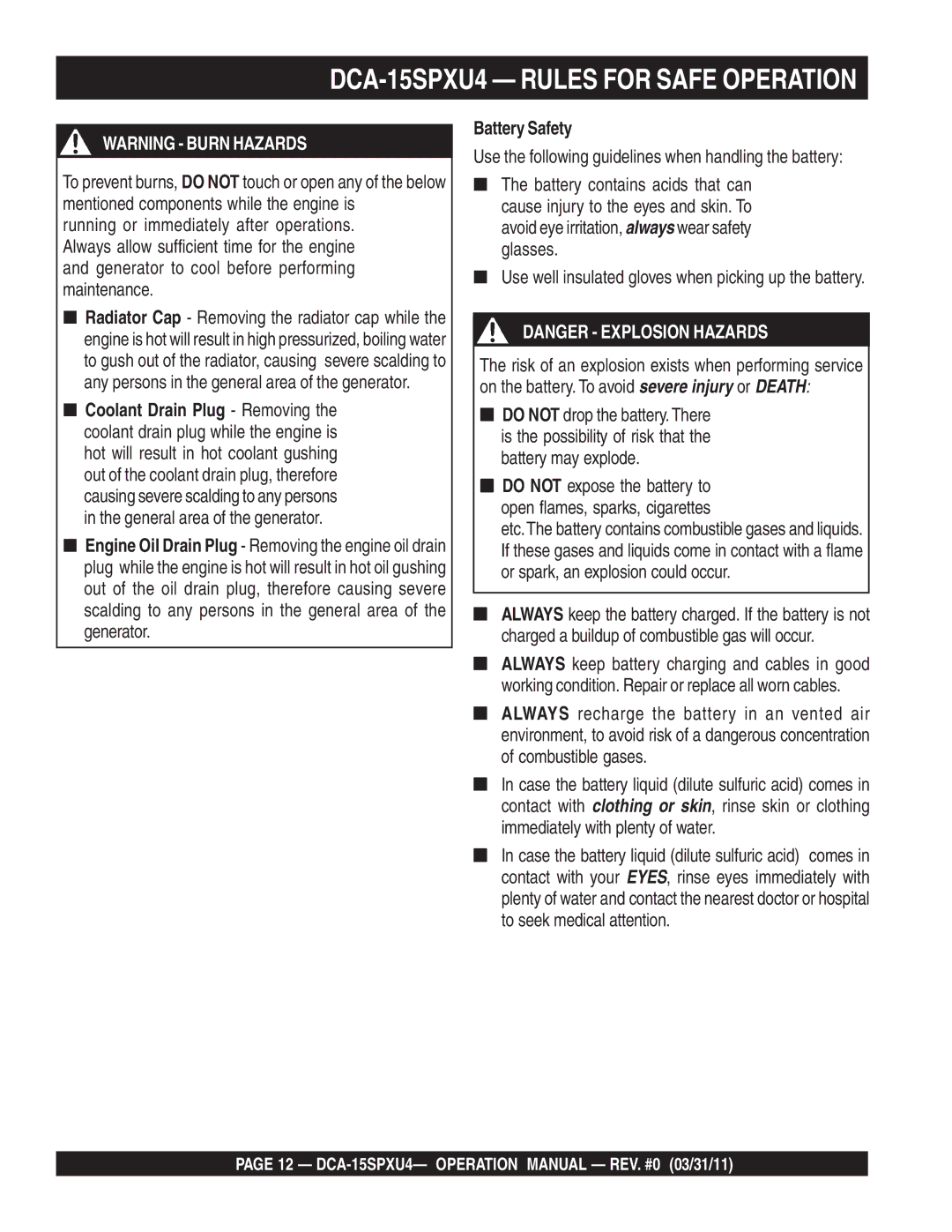 Multiquip DCA-15SPXU4 operation manual Battery Safety 