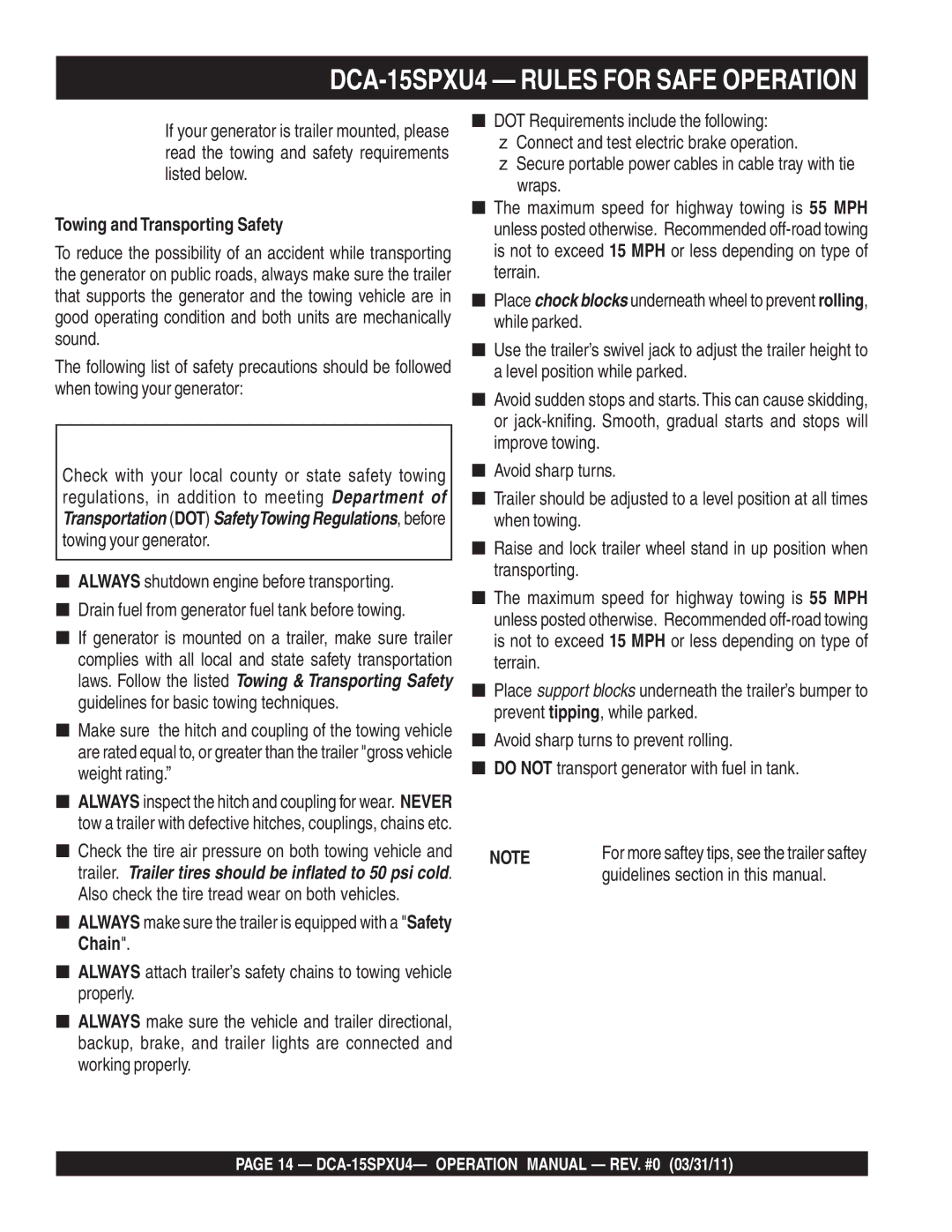 Multiquip DCA-15SPXU4 operation manual Towing and Transporting Safety, Guidelines section in this manual 