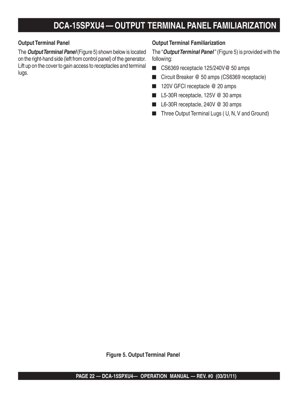 Multiquip operation manual DCA-15SPXU4 Output Terminal Panel Familiarization, Output Terminal Familiarization 