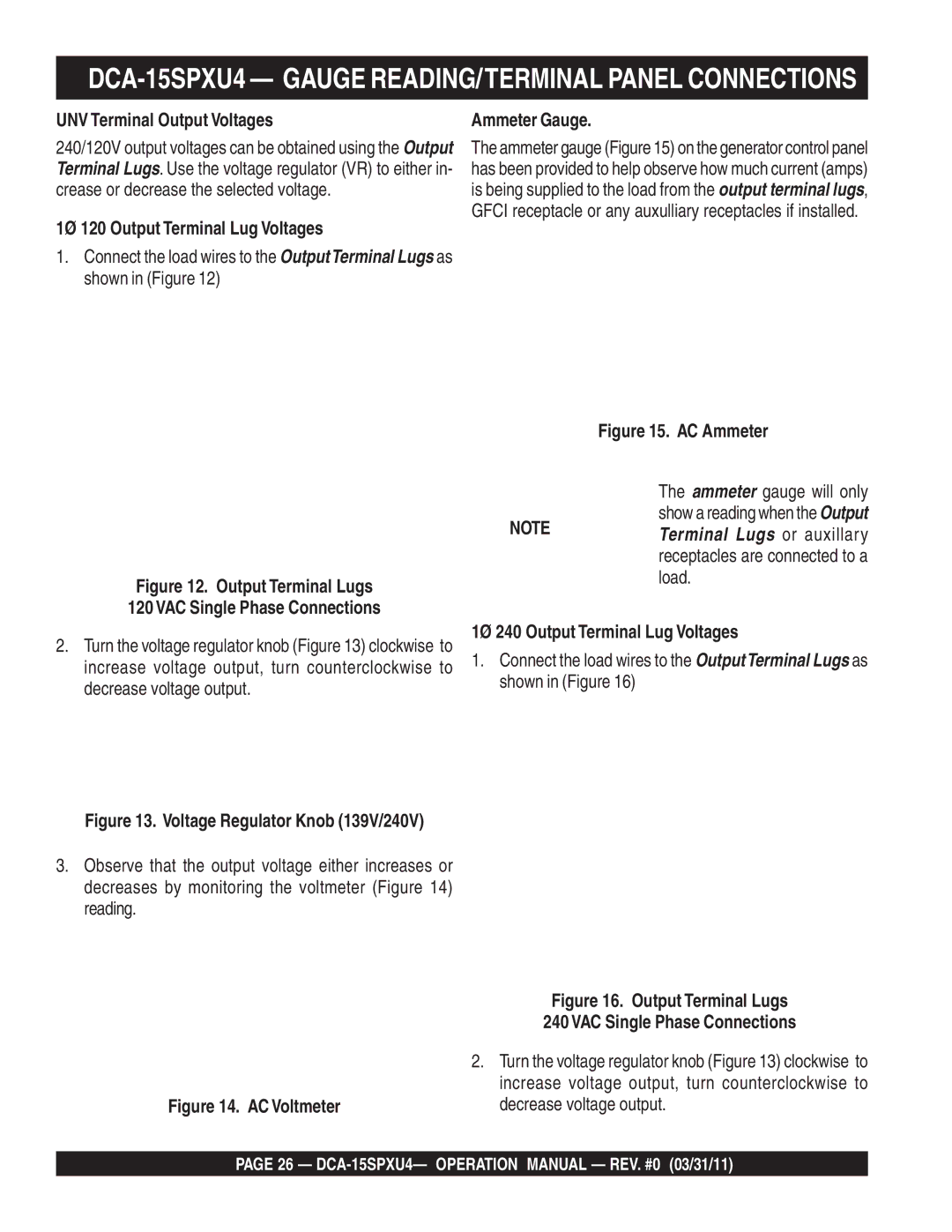 Multiquip operation manual DCA-15SPXU4 Gauge READING/TERMINAL Panel Connections, UNV Terminal Output Voltages 