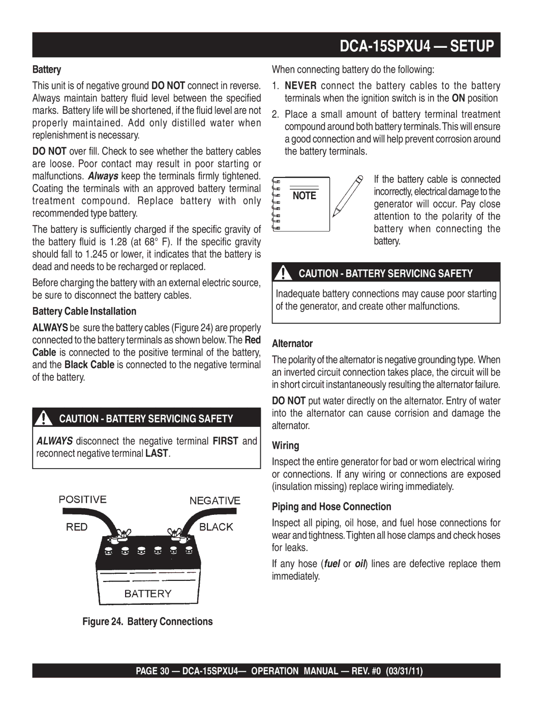 Multiquip DCA-15SPXU4 operation manual Battery Cable Installation, Alternator, Wiring, Piping and Hose Connection 