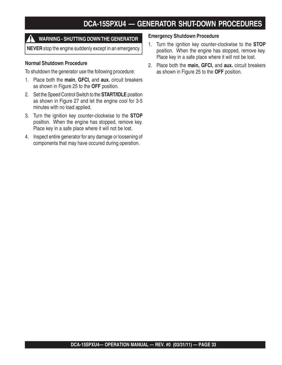 Multiquip DCA-15SPXU4 operation manual Normal Shutdown Procedure, Emergency Shutdown Procedure 