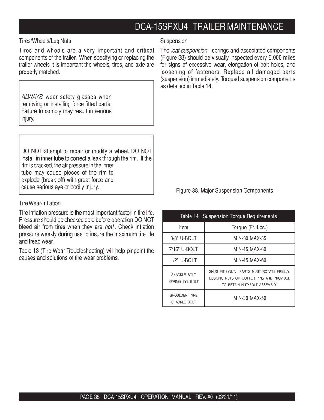 Multiquip DCA-15SPXU4 operation manual Tires/Wheels/Lug Nuts, TireWear/Inflation, Suspension 