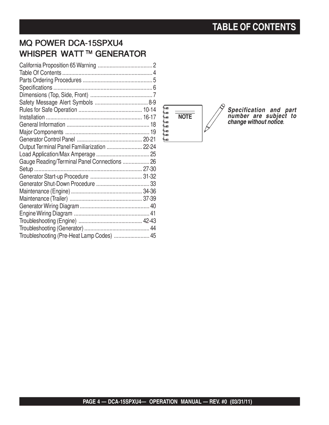 Multiquip DCA-15SPXU4 operation manual Table of Contents 