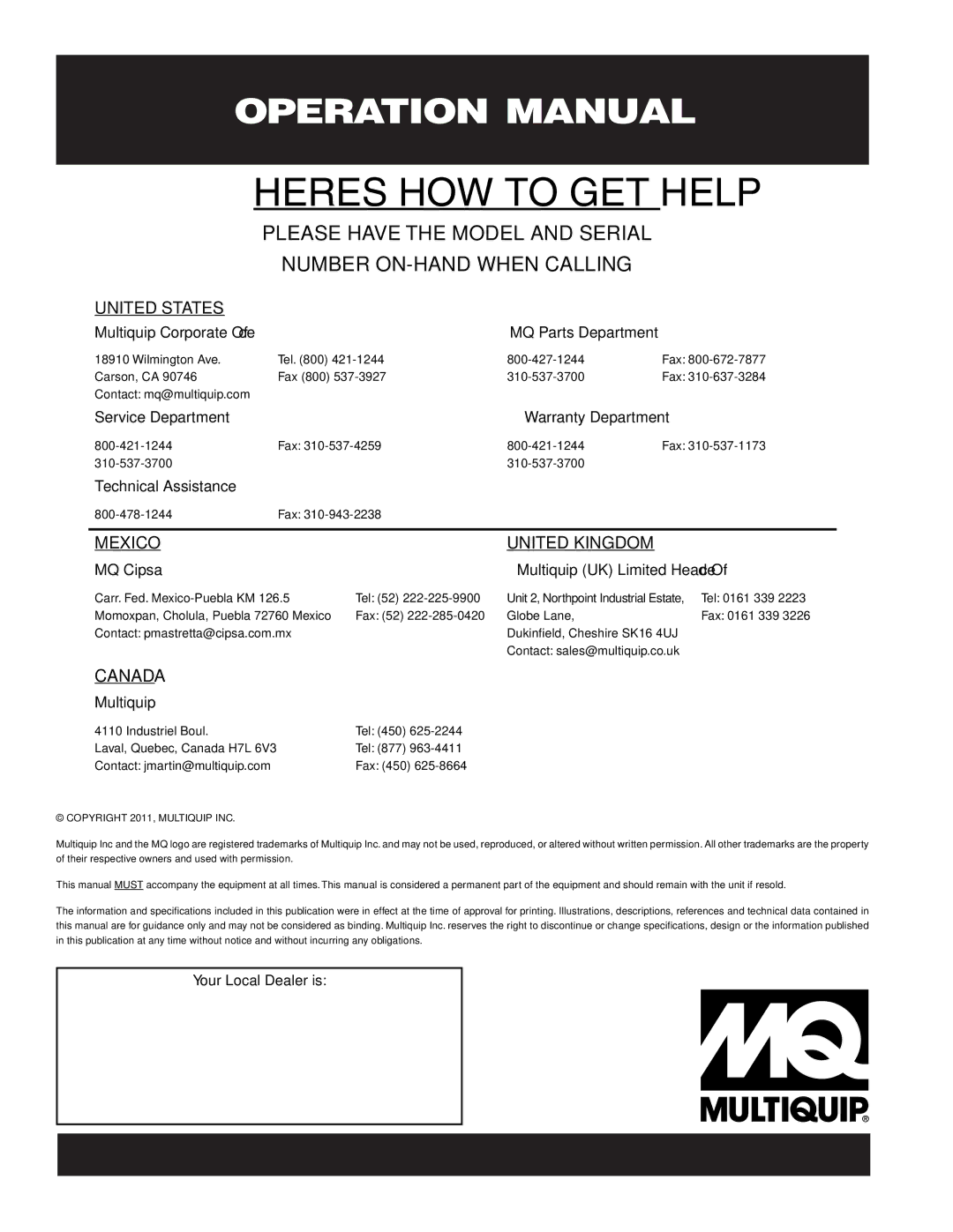 Multiquip DCA-15SPXU4 operation manual HERE’S HOW to GET Help 