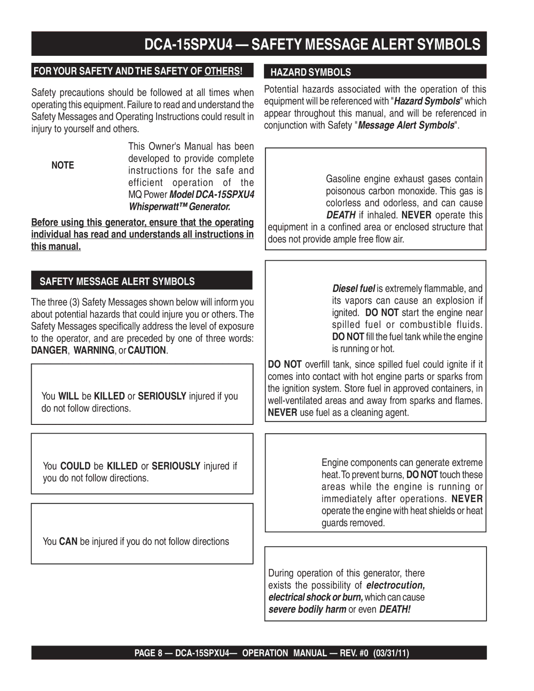 Multiquip operation manual DCA-15SPXU4 Safety Message Alert Symbols, Hazard Symbols 