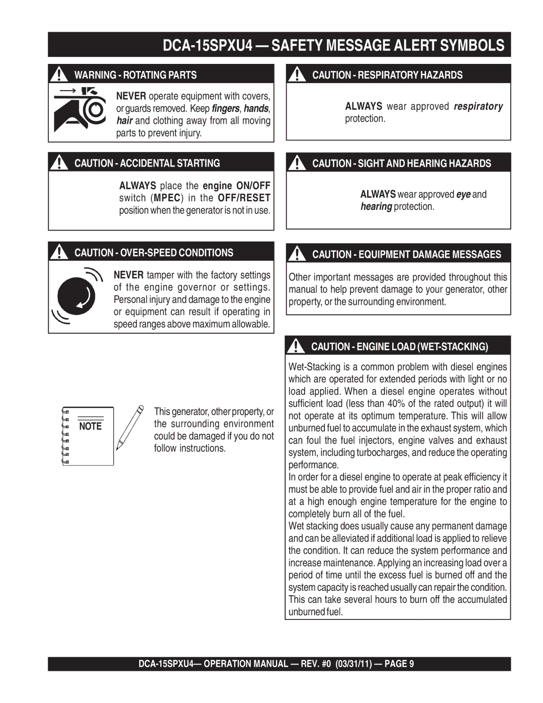 Multiquip operation manual DCA-15SPXU4 Safety Message Alert Symbols 