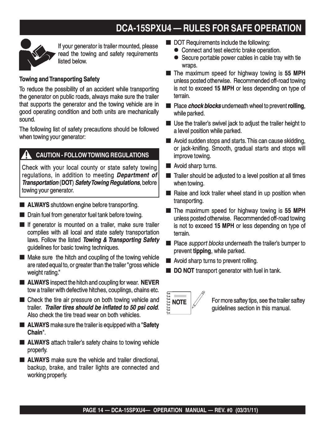 Multiquip operation manual Towing and Transporting Safety, DCA-15SPXU4- RULES FOR SAFE OPERATION 