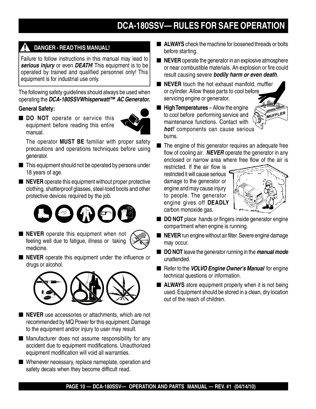 Multiquip operation manual DCA-180SSV- Rules for Safe Operation, General Safety, Burns 