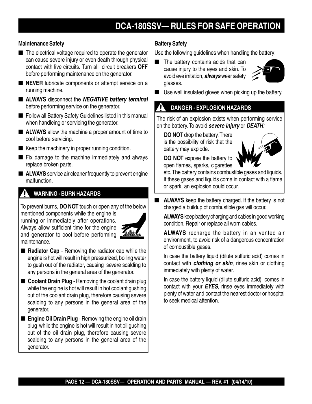 Multiquip operation manual DCA-180SSV- Rules for Safe Operation, Maintenance Safety, Battery Safety 