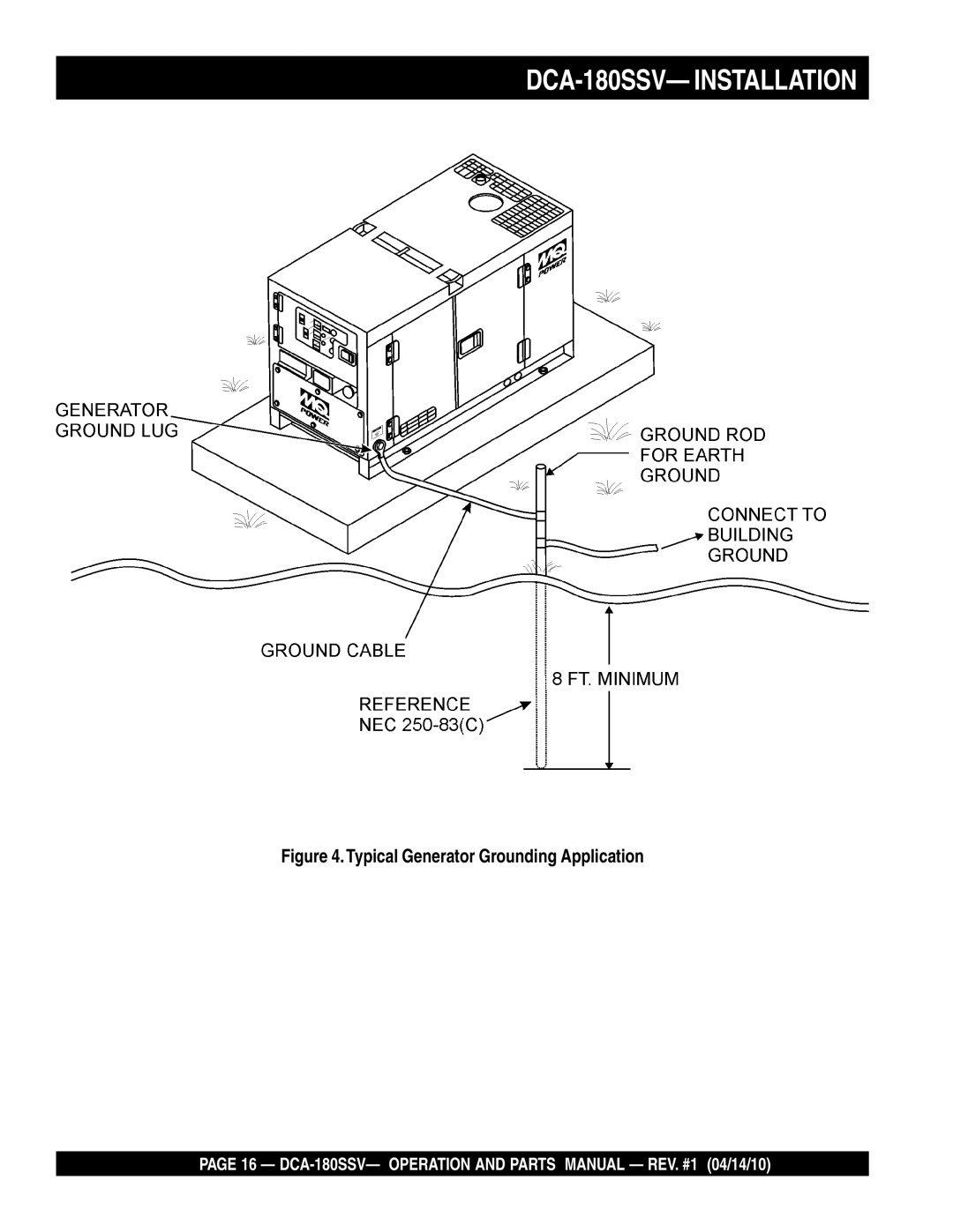 Multiquip operation manual DCA-180SSV- Installation, Typical Generator Grounding Application 