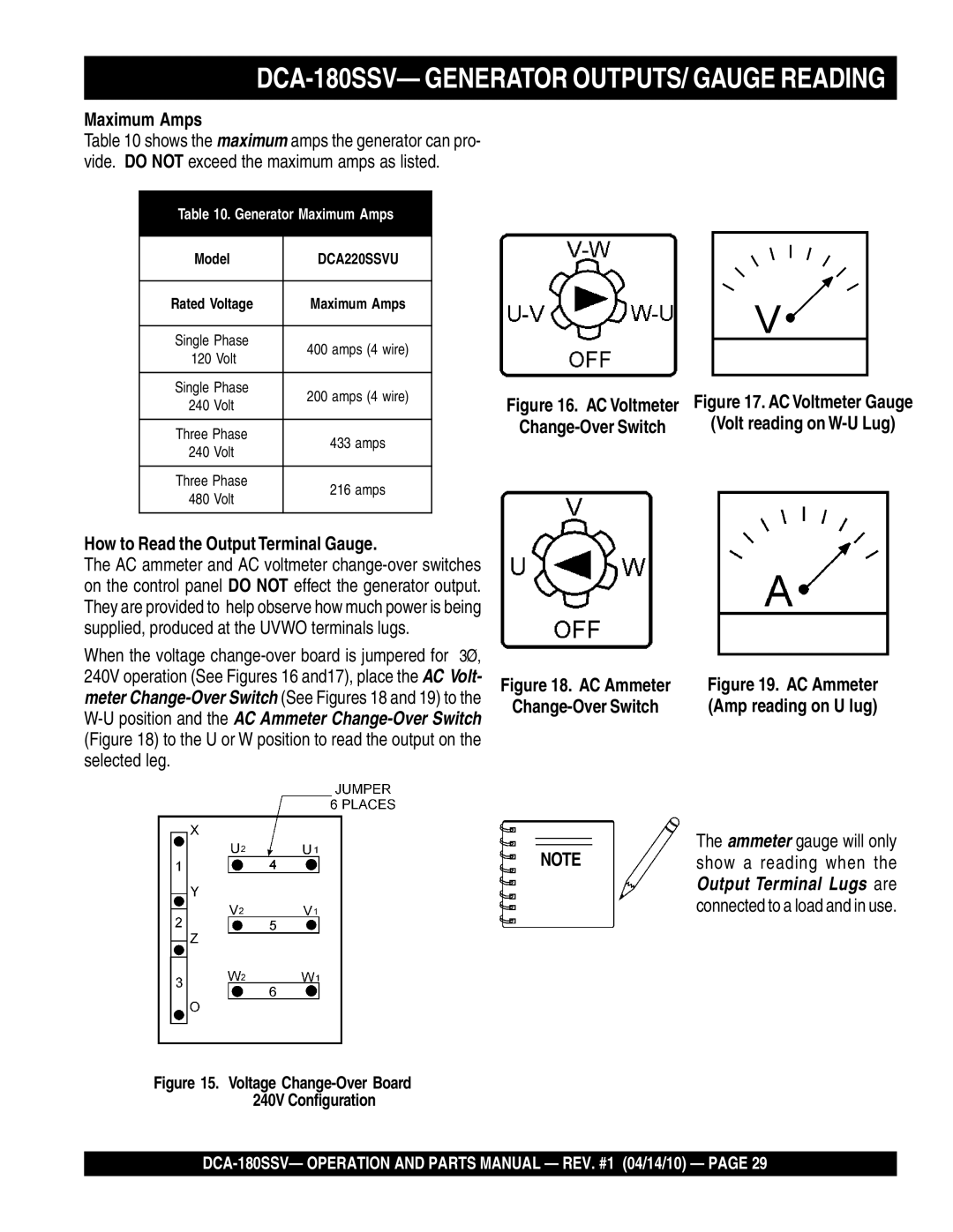 Multiquip DCA-180SSV- Generator OUTPUTS/ Gauge Reading, Maximum Amps, How to Read the Output Terminal Gauge 