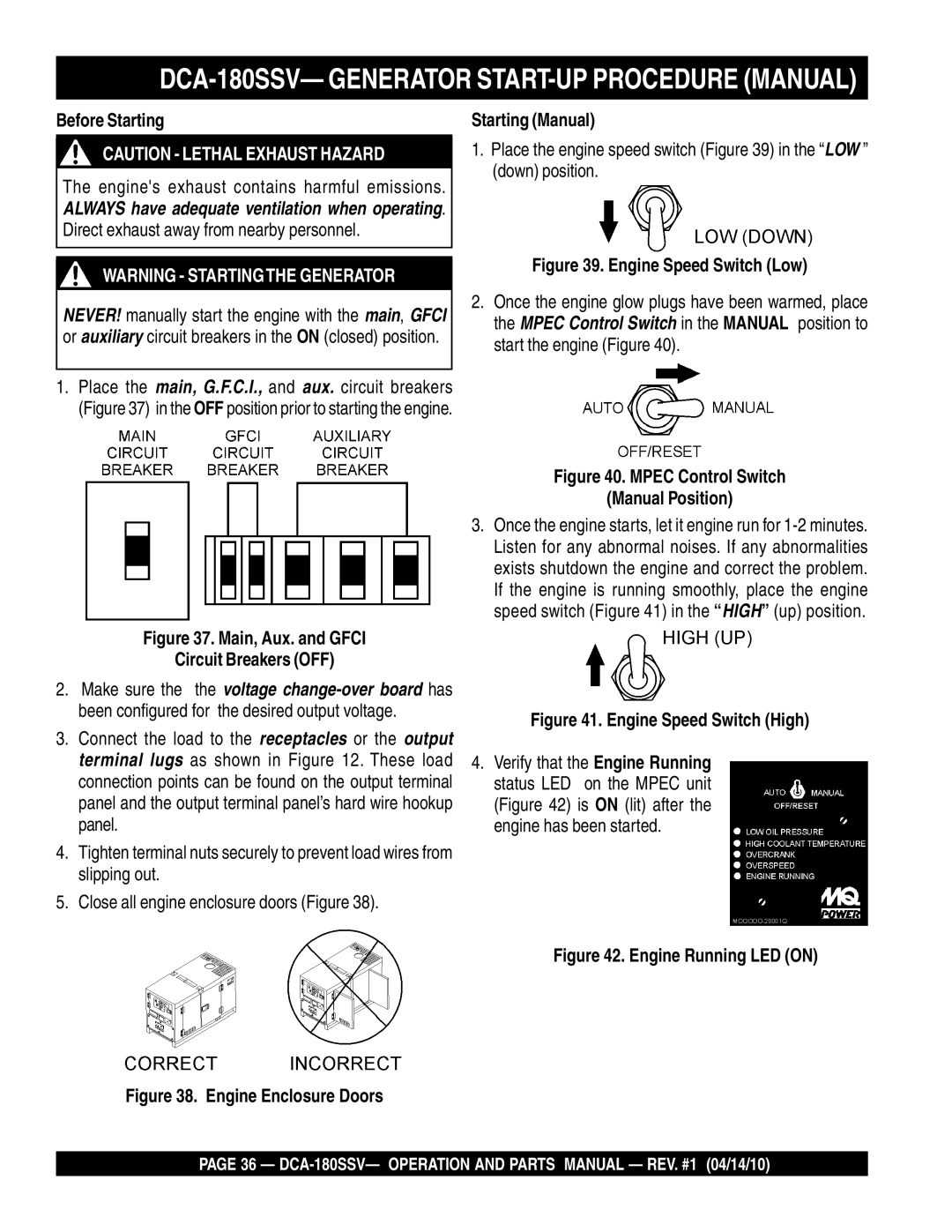 Multiquip operation manual DCA-180SSV- Generator START-UP Procedure Manual, Before Starting, Starting Manual 