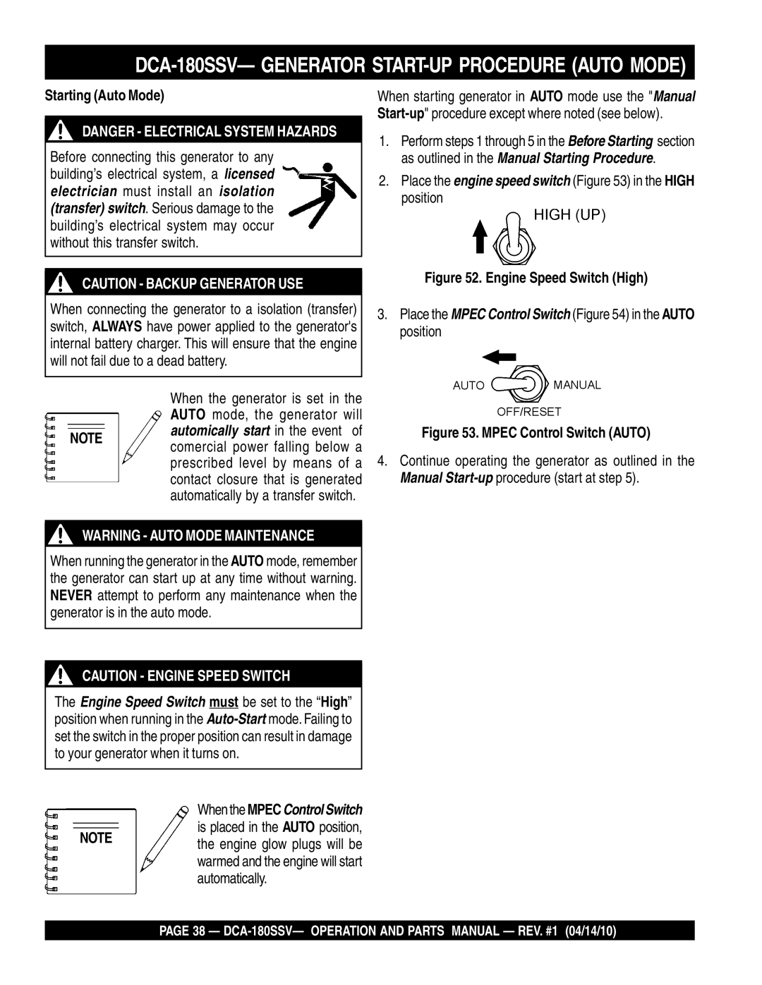 Multiquip DCA-180SSV operation manual Starting Auto Mode, Place the engine speed switch in the High position 