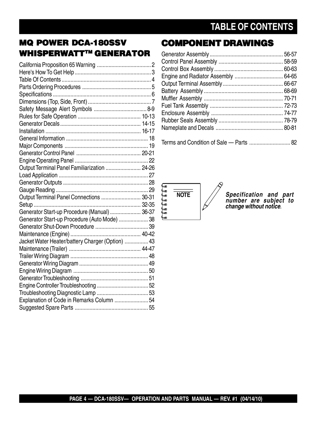 Multiquip DCA-180SSV operation manual Table of Contents 