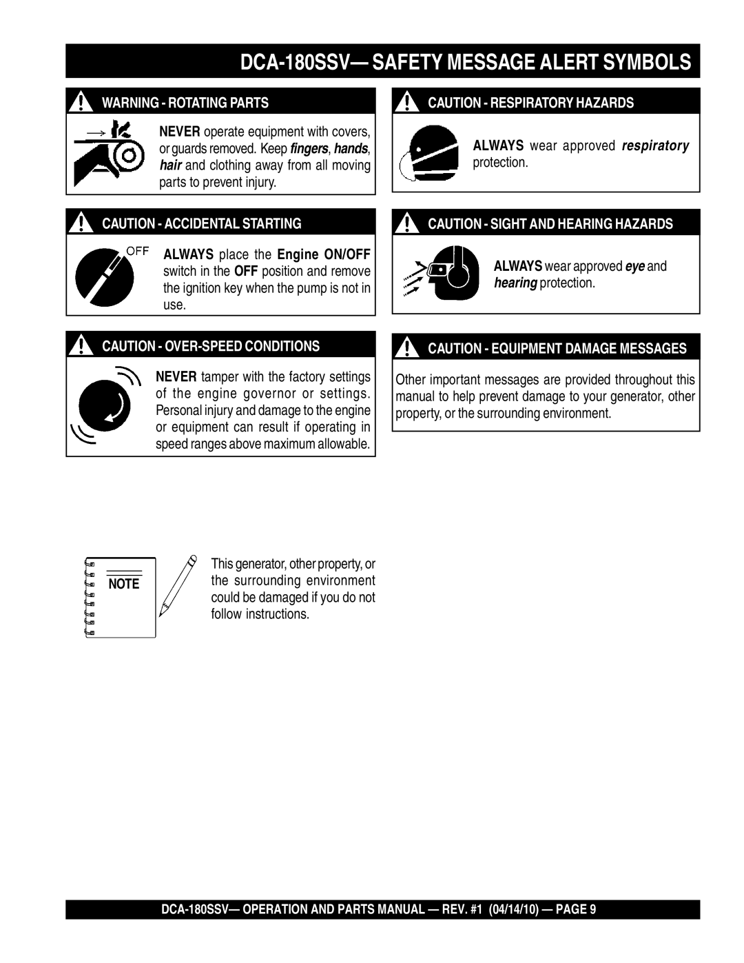 Multiquip operation manual DCA-180SSV- Safety Message Alert Symbols, This generator, other property, or 