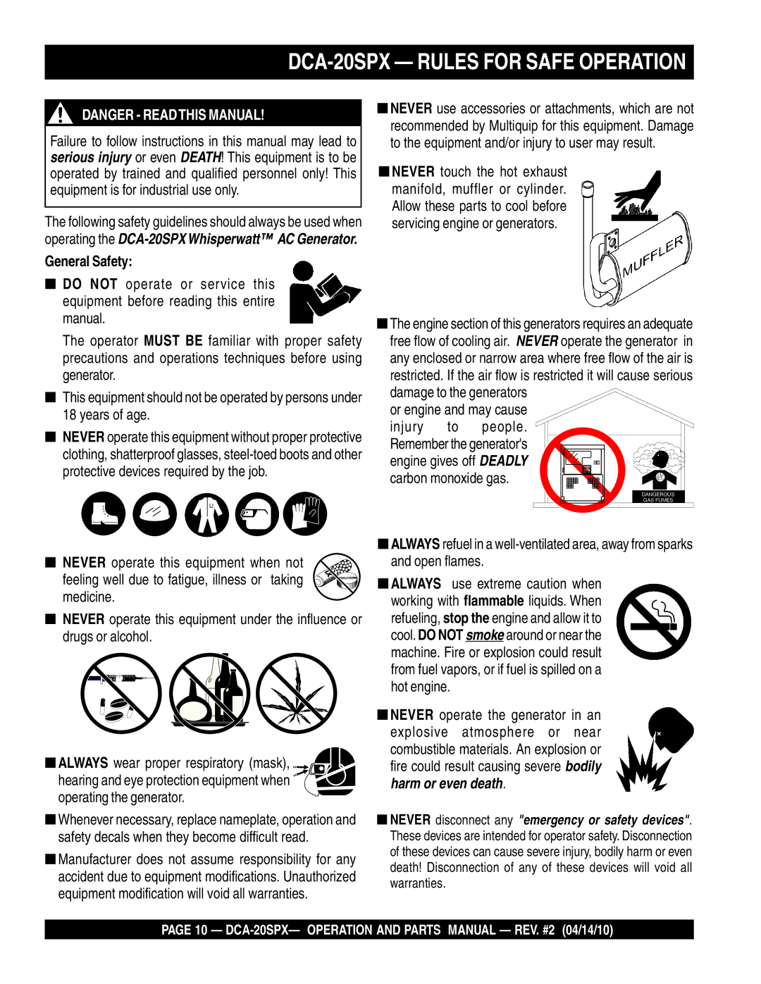 Multiquip operation manual DCA-20SPX Rules for Safe Operation, General Safety, Injury People, Carbon monoxide gas 