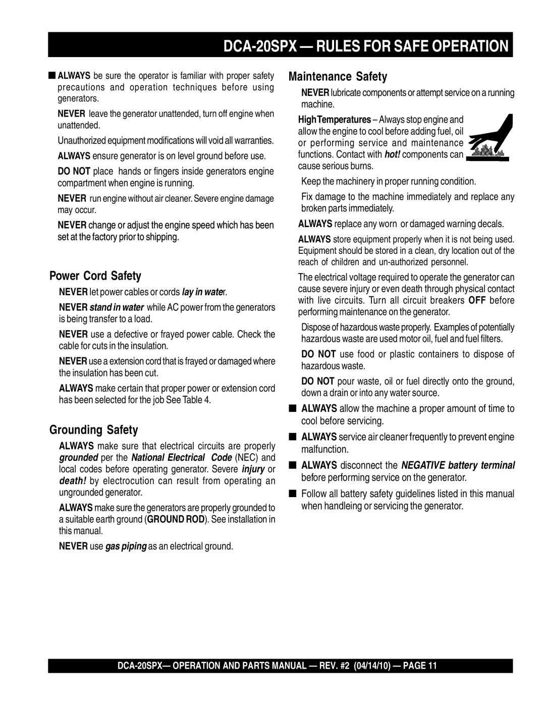 Multiquip operation manual DCA-20SPX Rules for Safe Operation, Maintenance Safety 