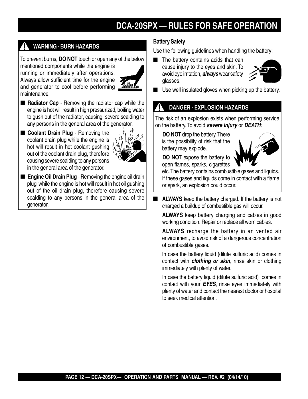 Multiquip operation manual DCA-20SPX Rules for Safe Operation, Battery Safety 