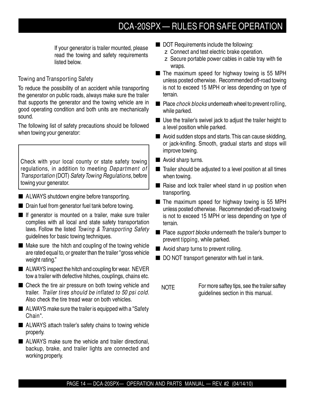 Multiquip DCA-20SPX operation manual Towing and Transporting Safety, Guidelines section in this manual 