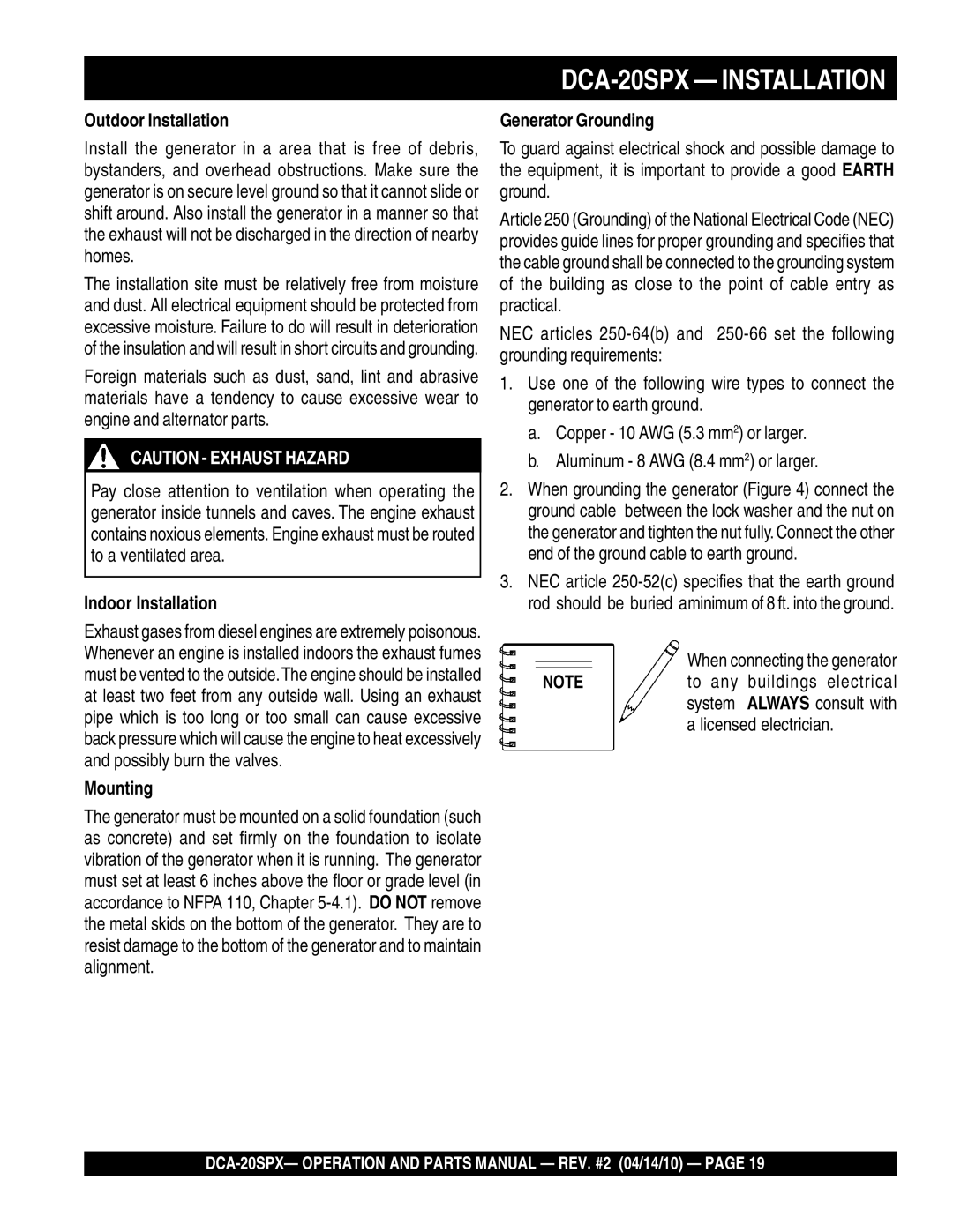 Multiquip DCA-20SPX operation manual Outdoor Installation, Indoor Installation, Mounting, Generator Grounding 