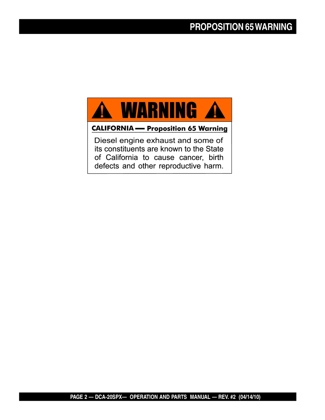 Multiquip DCA-20SPX operation manual Proposition 65WARNING, Diesel engine exhaust and some 