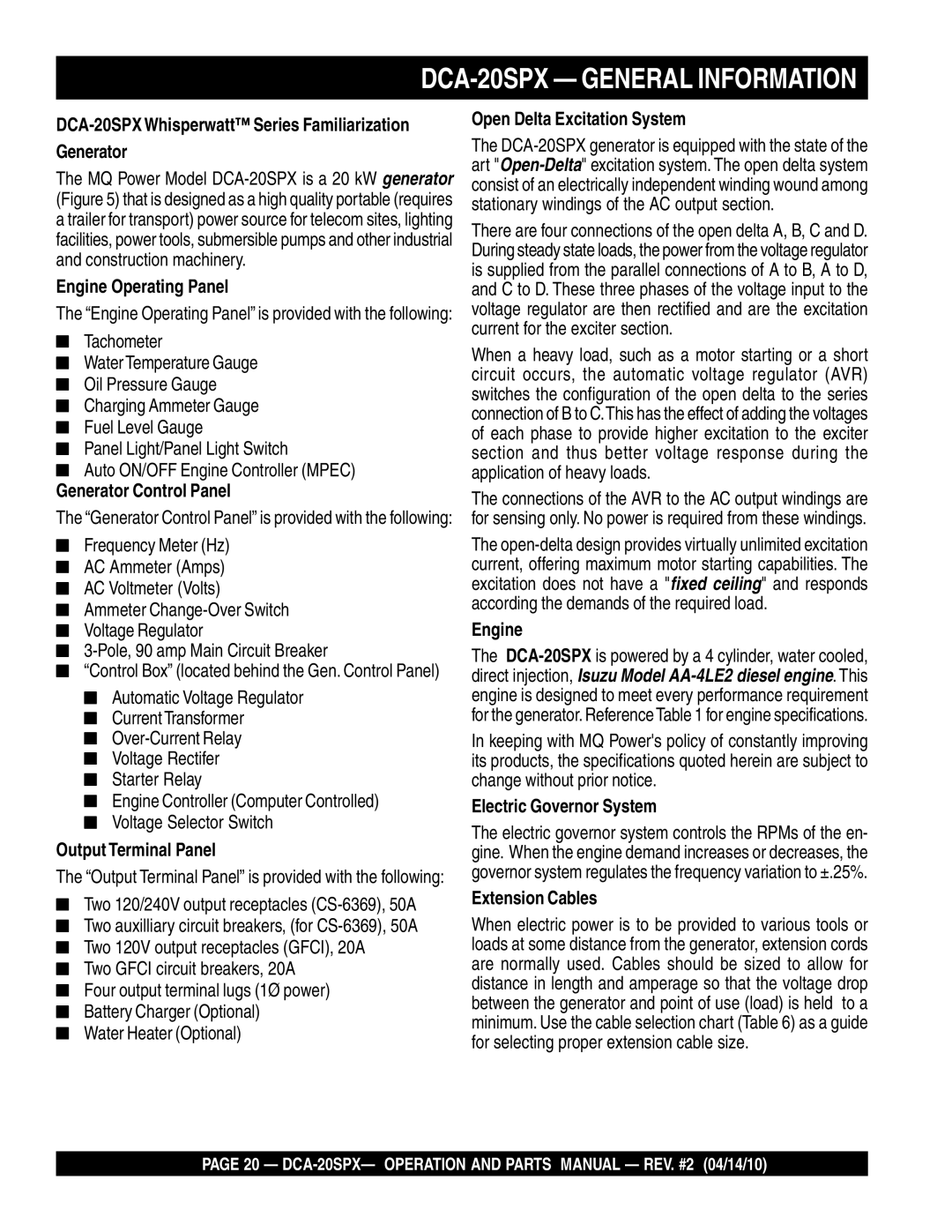 Multiquip DCA-20SPX Engine Operating Panel, Generator Control Panel, Output Terminal Panel, Electric Governor System 
