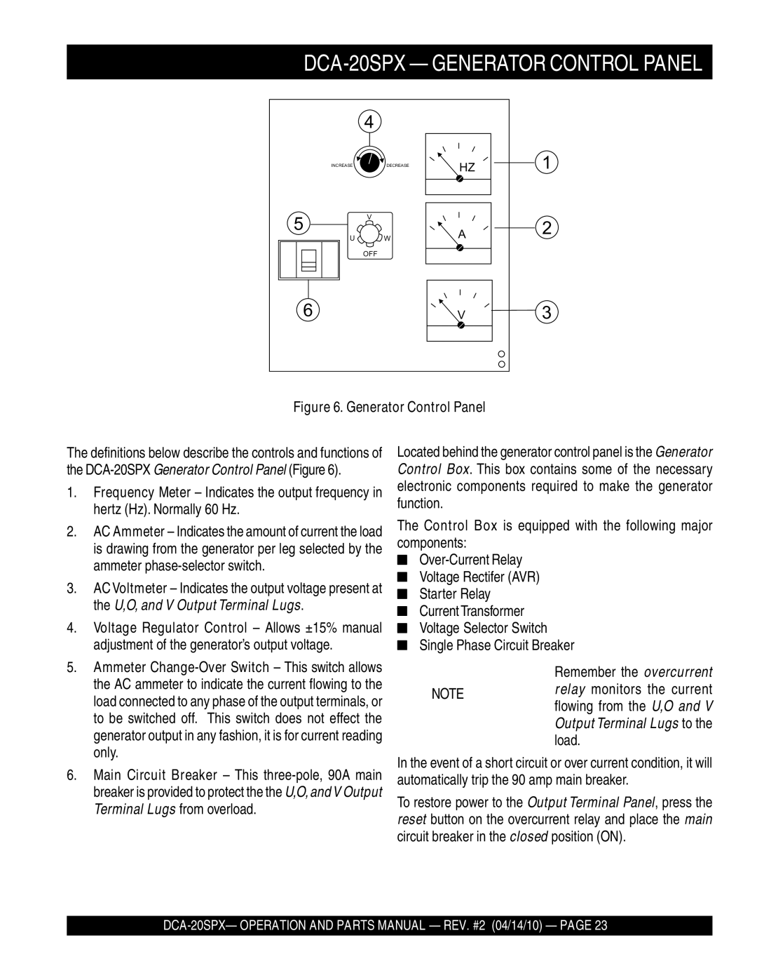 Multiquip operation manual DCA-20SPX Generator Control Panel 