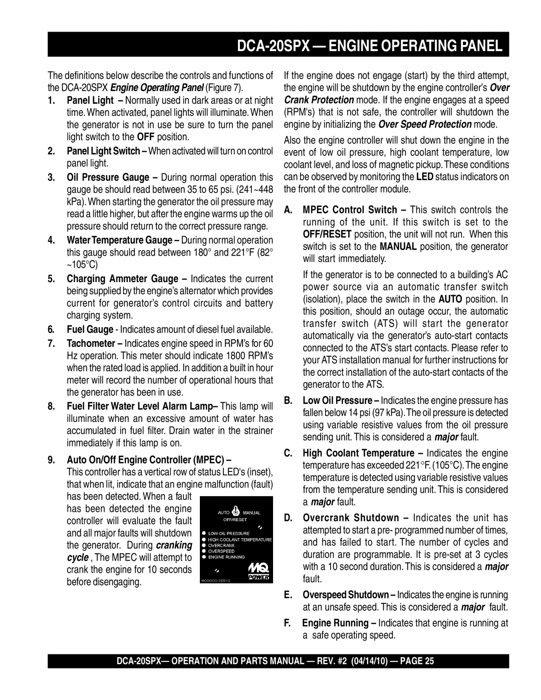 Multiquip operation manual DCA-20SPX Engine Operating Panel, Auto On/Off Engine Controller Mpec 