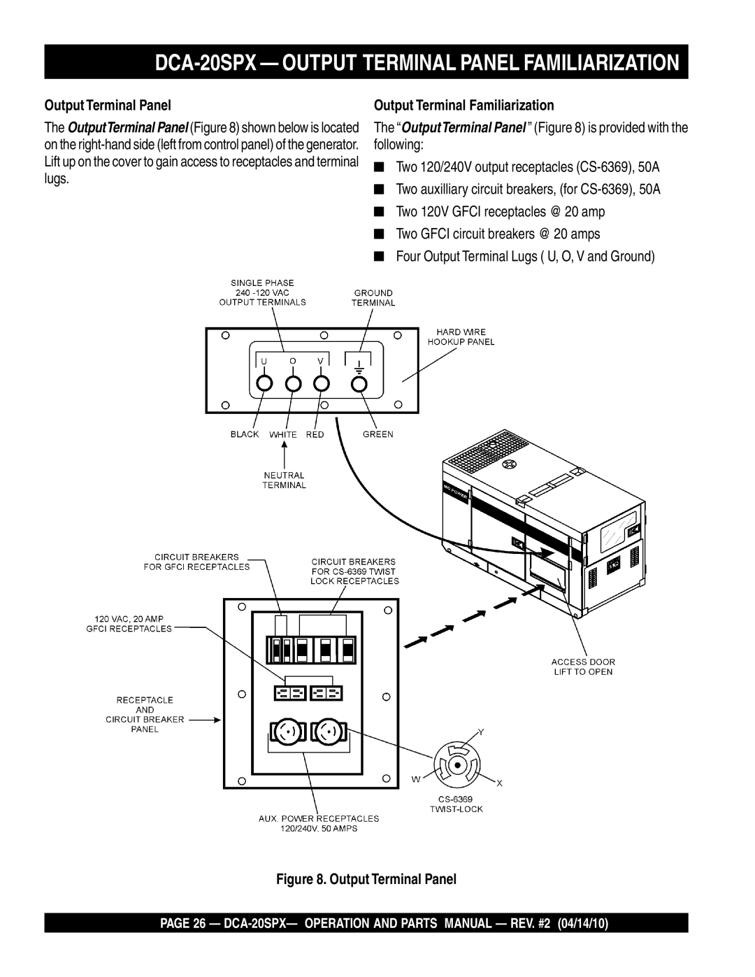 Multiquip operation manual DCA-20SPX Output Terminal Panel Familiarization, Output Terminal Familiarization 