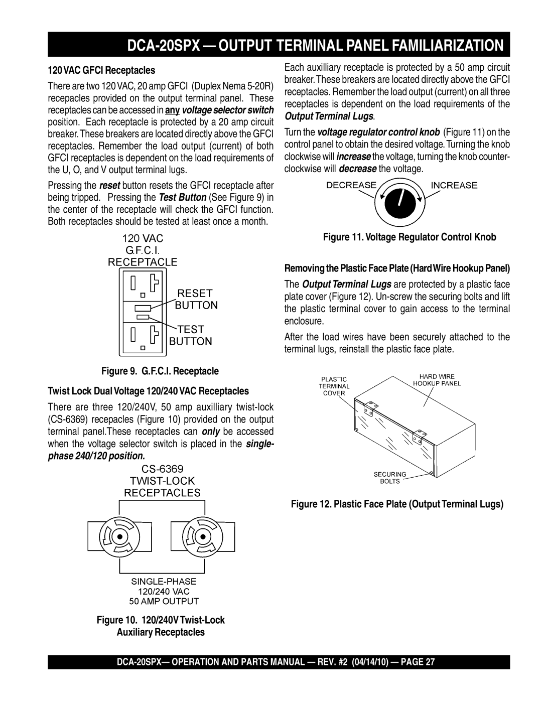 Multiquip operation manual DCA-20SPX Output Terminal Panel Familiarization, 120VAC Gfci Receptacles 