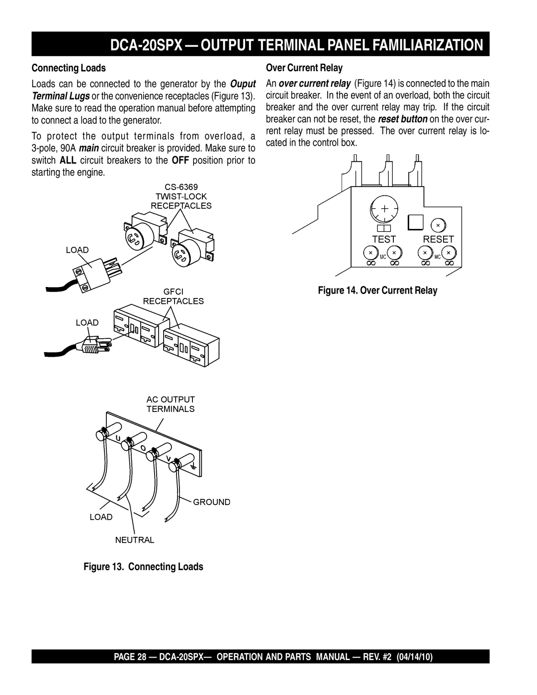 Multiquip DCA-20SPX operation manual Connecting Loads, Over Current Relay 