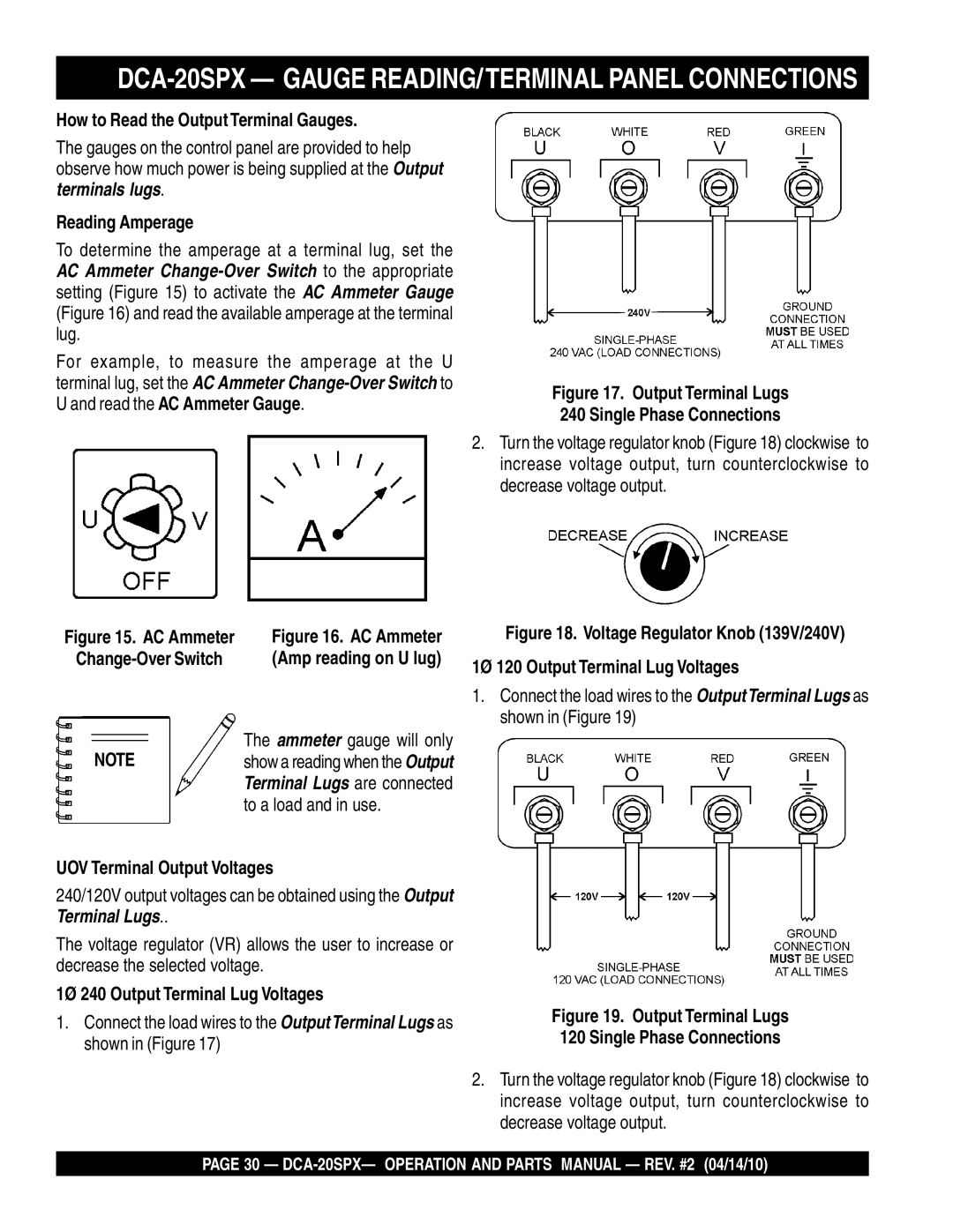 Multiquip operation manual DCA-20SPX Gauge READING/TERMINAL Panel Connections 