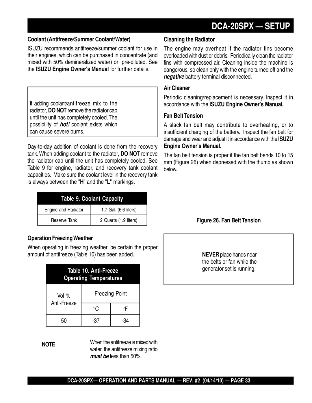 Multiquip DCA-20SPX Coolant Antifreeze/Summer Coolant/Water, Cleaning the Radiator, Operation FreezingWeather 