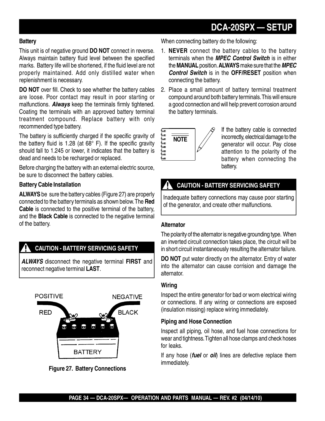 Multiquip DCA-20SPX operation manual Battery Cable Installation, Alternator, Wiring, Piping and Hose Connection 