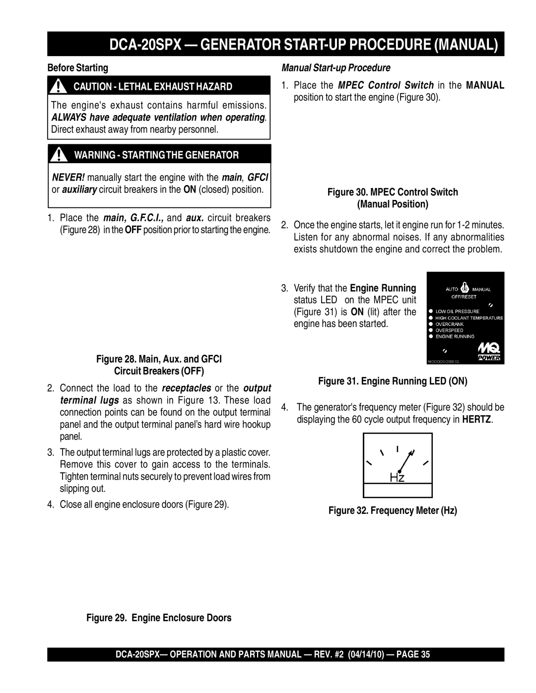 Multiquip DCA-20SPX Generator START-UP Procedure Manual, Before Starting, Engines exhaust contains harmful emissions 