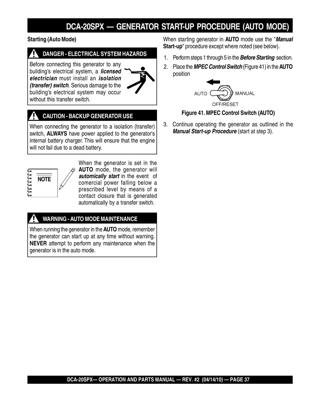 Multiquip DCA-20SPX operation manual Starting Auto Mode, Place the Mpec Control Switch in the Auto position 