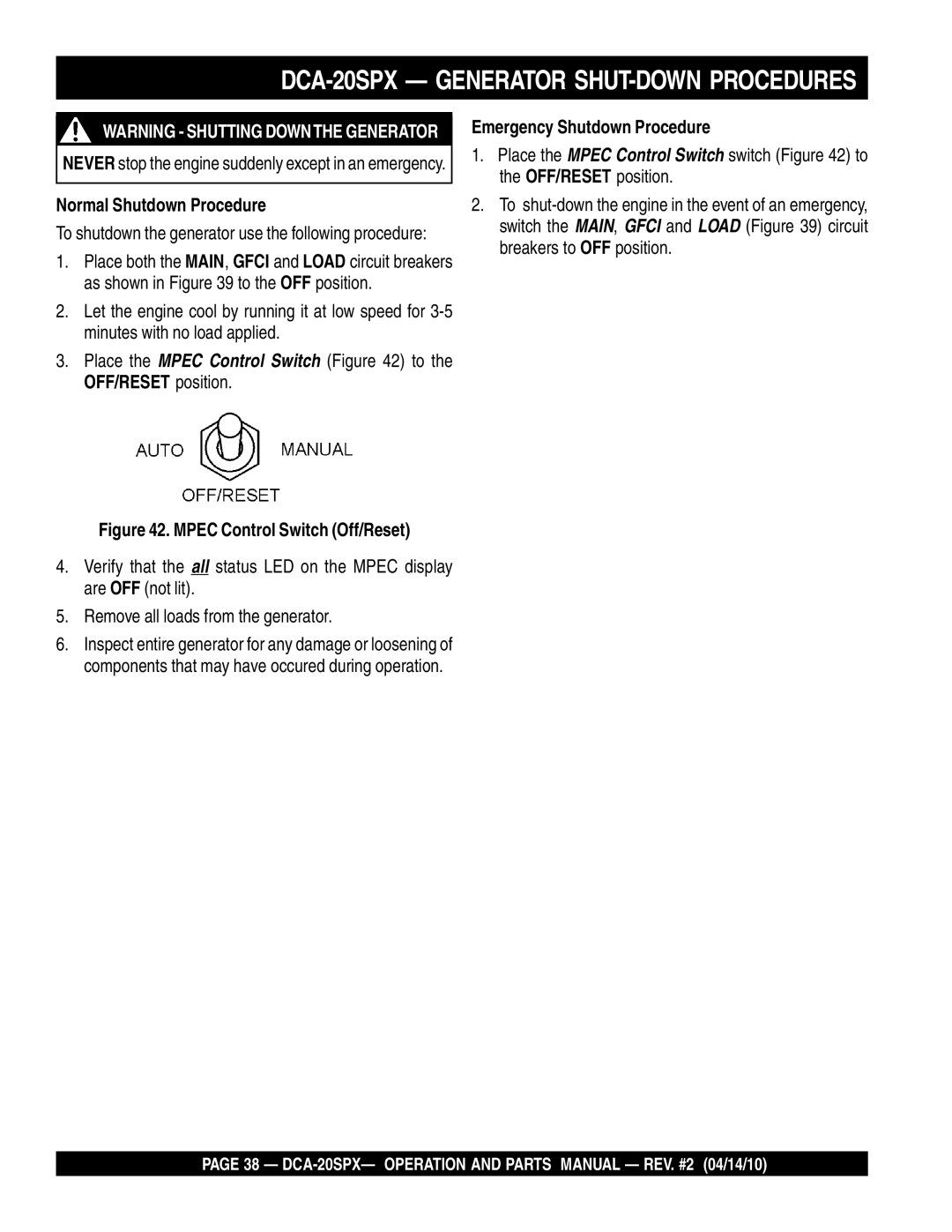 Multiquip DCA-20SPX Generator SHUT-DOWN Procedures, Normal Shutdown Procedure, Emergency Shutdown Procedure 